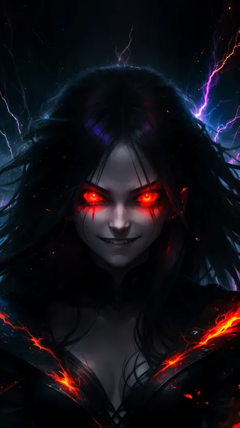 1girl, flying hair, red eyes, fire witch, blood on face, light particles, lightning rays, wallpaper, colorful, high contrast, vampire, smirk, evil smile, psychopathic smirk, psychopathic smile, tilted head