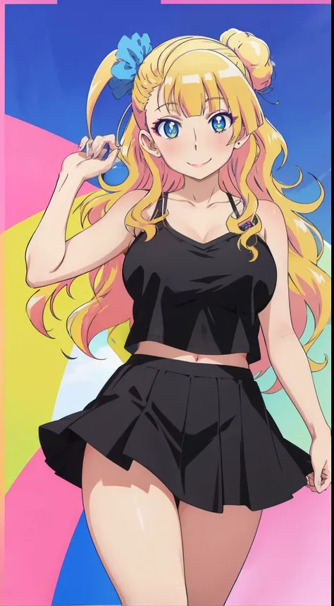 1 girl,anime, galko,Galko,big breasts,smile,black camisole,black mini skirt,skin luster,looking at the viewer, in the center of the image,cowboy shot,１with people,
highest quality, High resolution, beautiful eyes, highly detailed face, Detailed CG,