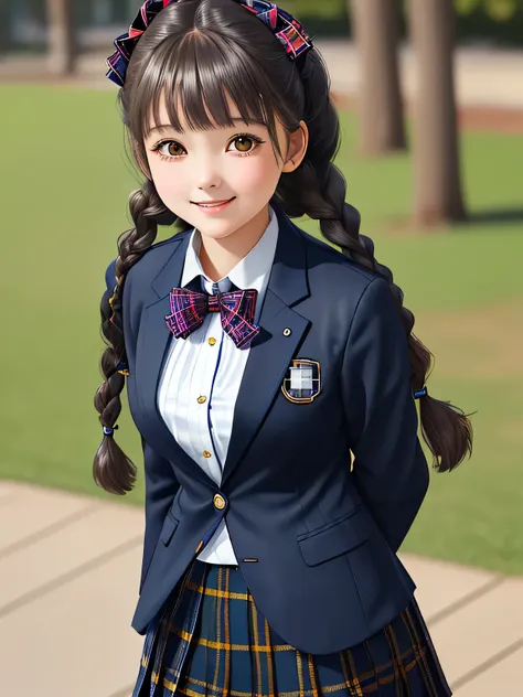 (18 year old japanese girl), height: 165cm, Very beautiful portrait, realistic cute girl drawing, amazing digital paintings, elegant digital paintings, baroque digital painting, detailed beautiful portrait, ((brown eyes)), ((((Dark blue and navy plaid mid-...