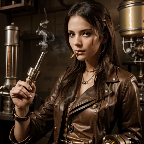 Image of a steampunk girl, who smokes, with a prosthetic hand