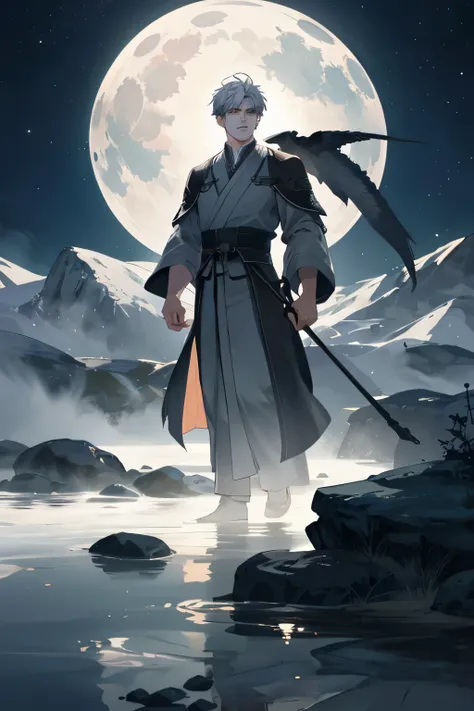 Evening descends, bathing the world in a soft moonlight, which illuminates the barren mountains with an ethereal glow. In the stillness, a boy stands before a ragged coffin, dressed in gray robes reminiscent of the Han Dynasty. His handsome features are sh...