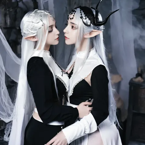 2girl ,black clothes,white clothes, black hair, white hair, dark elf