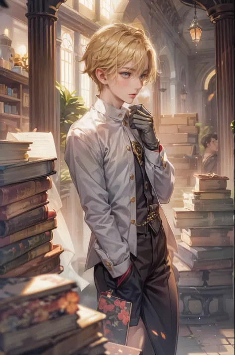 ((Best quality)), ((masterpiece)), (detailed), ((perfect face)), ((halfbody)) genshin impact barbara page in male version of a handsome boy blonde with short hair, background is a detailed small town and a gnostic cobblestone path through a bookshelf maze