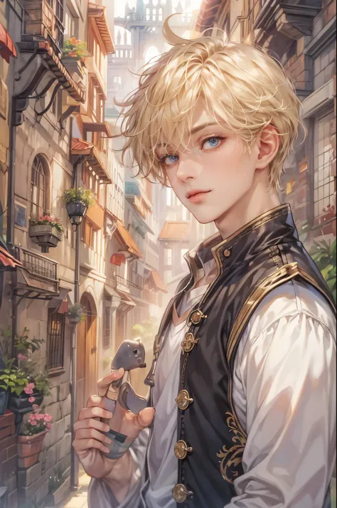 ((Best quality)), ((masterpiece)), (detailed), ((perfect face)), ((halfbody)) genshin impact barbara page in male version of a handsome boy blonde with short hair, background is a detailed small town and a gnostic cobblestone path through a bookshelf maze