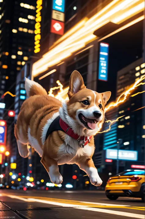 a corgi superdoge the flash suit . running with a speed force panning shot . in big cities , tunder