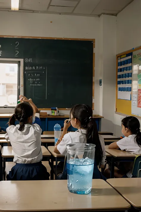 School children drinking water with a glass from a 20-liter container in a classroom