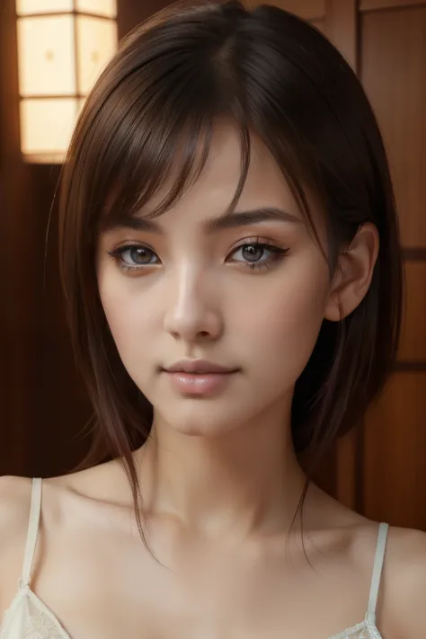 (highest quality, 8K, 32k, masterpiece, UHD,:1.2), japanese woman, camisole , super detailed face, fine eyes, highly detailed lips ,dark brown hair, slender body shape, Upper body, Natural light