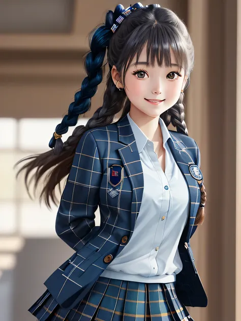 (18 year old japanese girl), Very beautiful portrait, realistic cute girl drawing, amazing digital paintings, elegant digital paintings, baroque digital painting, detailed beautiful portrait, ((brown eyes)), ((((コンサバティブなダークblue、blue、blueとネイビーのチェック柄のロングプリーツ...