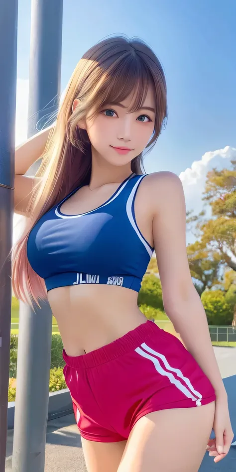 masterpiece、highest quality、High resolution、Japanese high school girl、gym clothes bloomers、bright hair color、photo sculpture、sexy pose、bright sun、boyish girl、The pursuit of realism