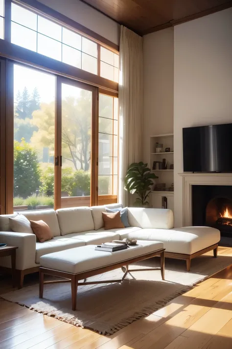 High resolution photography captures the intricate details of a dreamy sunken living room conversation pit. The wooden floor, with its natural grains and knots, reflects the warm glow of the sunlight filtered through the small windows, which open onto a lu...