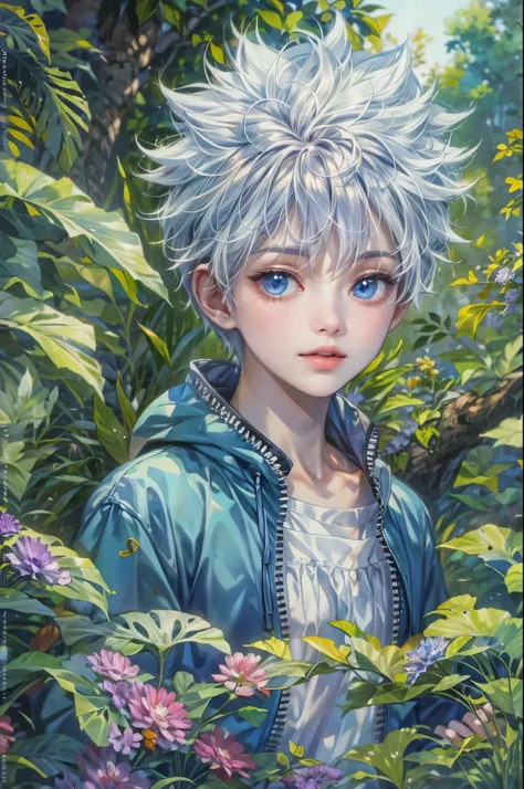 ((Best quality)), ((masterpiece)), (detailed), ((perfect face)), ((halfbody)) killua zoldyck in detailed scenery background 