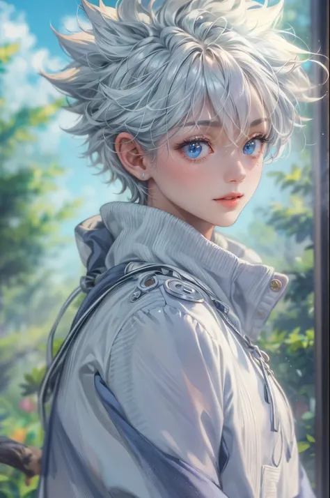 ((Best quality)), ((masterpiece)), (detailed), ((perfect face)), ((halfbody)) killua zoldyck in detailed scenery background 