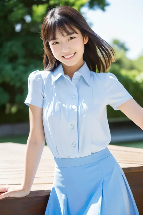 30 generations, ((highest quality, 8K, table top: 1.3)), Japanese cool beauty, sky blue background: 1.8, white shirt, gray skirt, Highly detailed face and skin texture, smile, fashion model pose,Saori Kimura