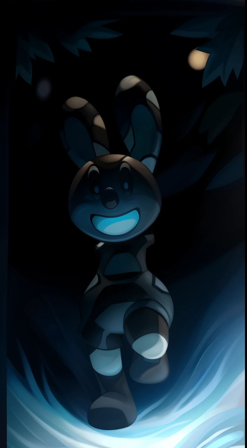 Oswald, armless, missing arms, no arms, black eyes, big and wide mouth, agape, white polka dots on ears, full body, happy expression, expressive, dynamic angle, forest, moonlight, detailed art, intricate details