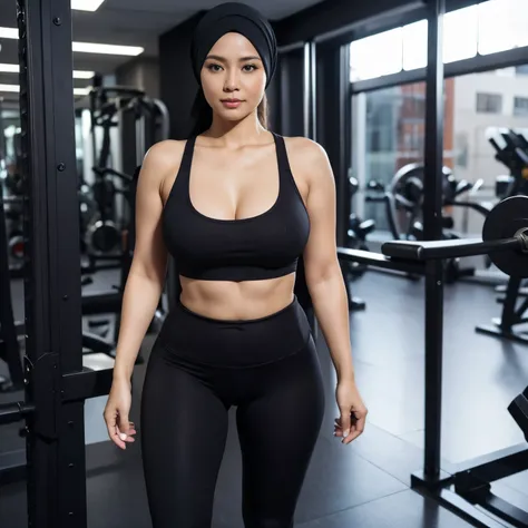 50 years Old, Hijab Indonesian mature woman, Large Tits : 32.9, ((Tank Top)), ((Tight Legging)), ((Extra Wide Areolae)), Curvy Body, Breast about To burst out from her clothes, at Gym, Dark light, at Nighttime.