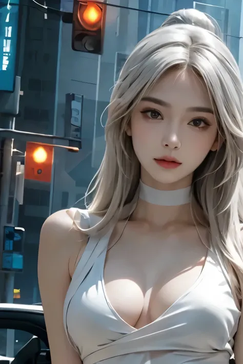 on the city streetポーズをとる白い服を着たアラフィフの女性, blonde goddess, white haired tifa lockhart, glossy white skin, shiny silver, 2b, 2b, perfect white haired girl, very sexy outfit, emma frost, seductive anime girl, sakimichan frank franzzeta, on the city street, whit...