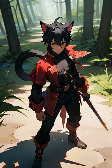 Anime 21 years old male Have cat ears Black eyes Black hair Brown skin Fantasy style Class Rouge that have 5 black fire tattoo around arms Wear adventurer style outfit hold dagger in hand and have shadow servant stand in forest high cam view