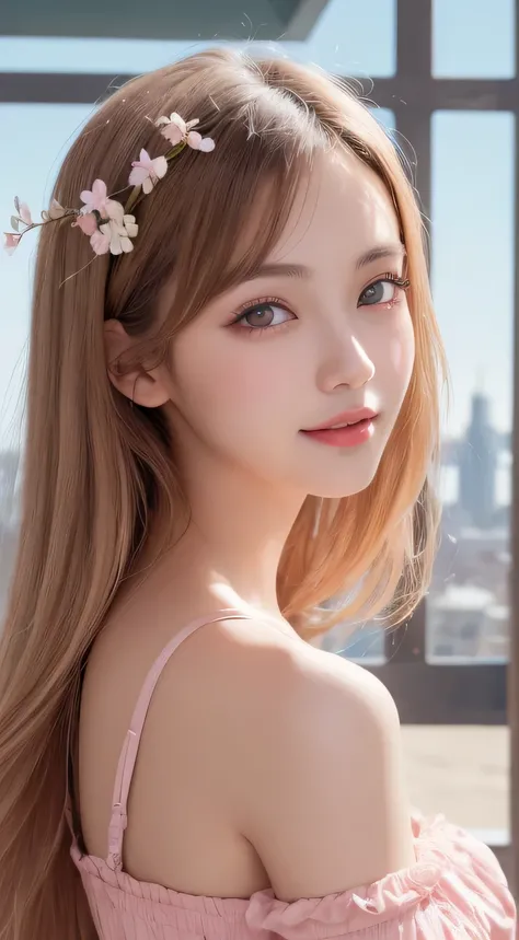 table top, highest quality, shape, Super detailed, finely, High resolution, 8k wallpaper, 完璧なダイナミックな構shape, finelyて美しい目, pink dress,medium hair,  natural color lip,gentle smile,big city、20 year old girl、midnight、Beautiful and dense face、perfect and beautif...