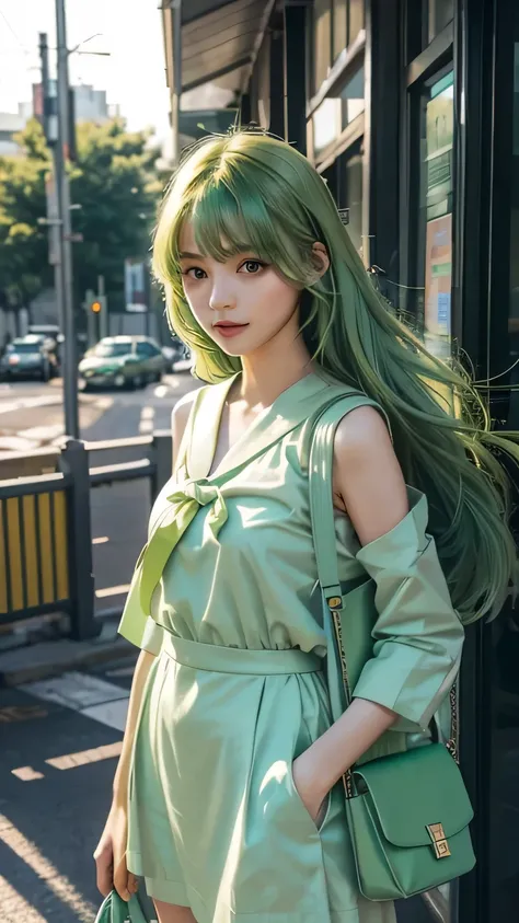 generate software, Futuristic high school girl with long light green hair, She is wearing a light green sailor uniform and a shoulder bag.