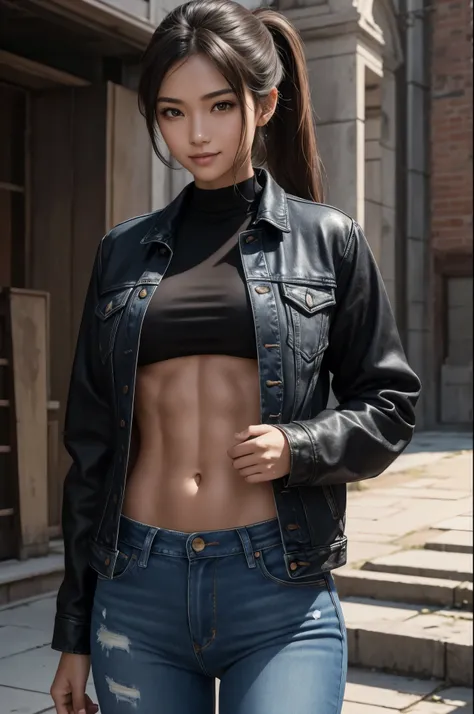 8K,Commemorative photo of twin sisters,super beautiful(like the real thing),My sister is cool, short, and has very big breasts..,lean muscular body,sexy,clear eyes,black eye,cool smile,black long perm,black jeans,compensate,super realistic skin,my sister i...