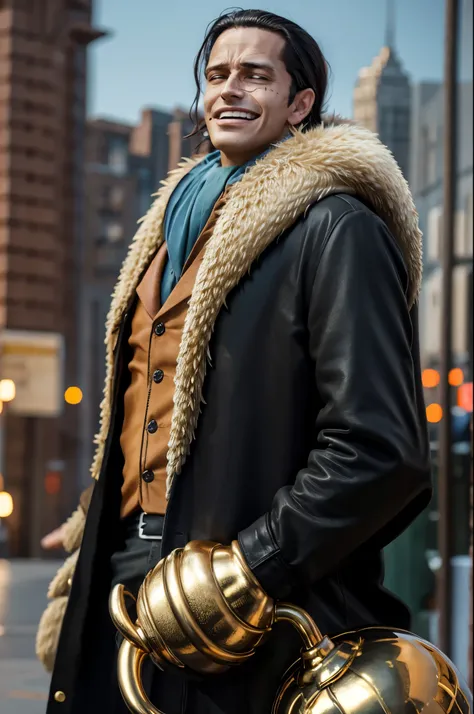 masterpiece, best quality, extremely detailed, hyperrealistic, photorealistic, a cool 40s man, ultra detailed face:1.2, fur-trimmed coat, scarf around the neck, his left hand is a golden pirate hook:1.1, laughing, city:1.1
