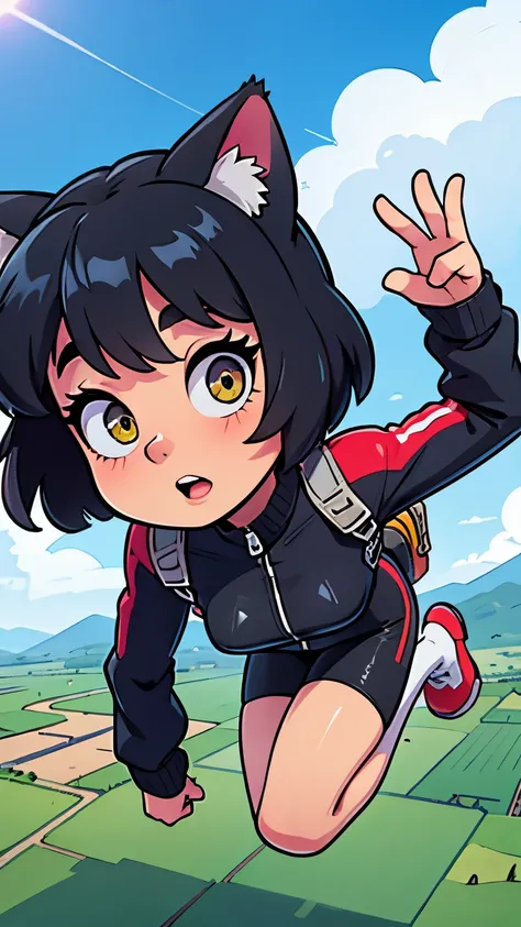 1girl, cat ears, short hair, black hair, skydiving