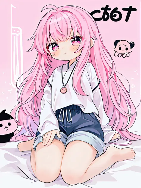 Cute Chibi、pretty girl、((half twin))、long hair、oversized clothes、((shorts))、pink hair、upper grade、Wariza、double piece