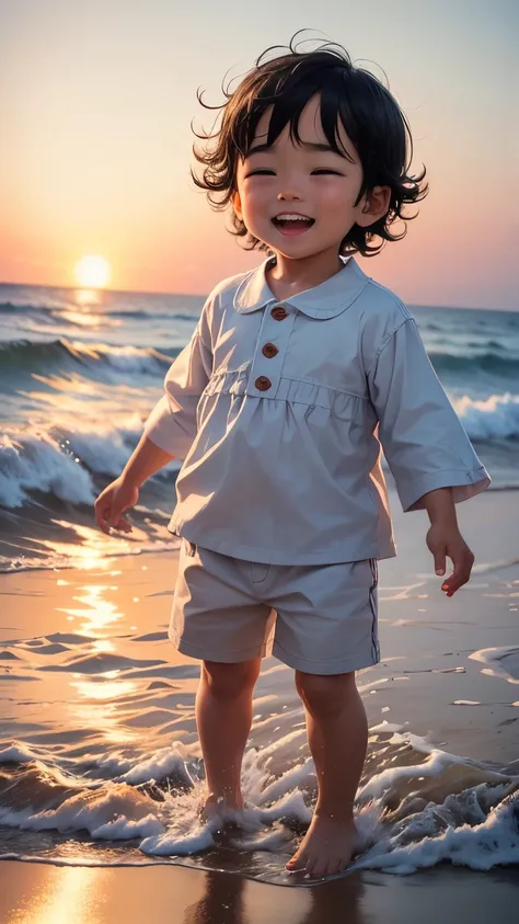  A three-year-old  gets his feet wet in the waves.、Delighted、best smile、big laugh background:evening sandy beach
(full shot)

"(setting):(best quality),(masterpiece),(detailed),(ultra detailed),(insanely detailed),(ultra-quality),(highly detailed),(FHD)"
