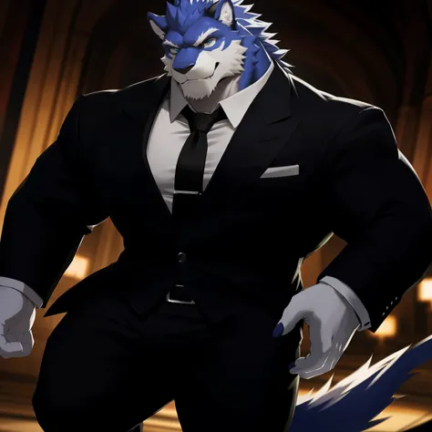 The man in a formal suit, with a serious expression, readies himself for a fight. His sharp, detailed features are accentuated by the bright light in the room. He wears a pristine, well-tailored suit, the fabric smooth and wrinkle-free. His muscles, though...