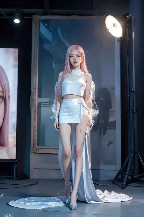 Rose from blackpink, all body picture, camera in distant, pink hair, (full body), standing in casual clothes, shoes on legs, no background, , detailed eyes and lips, long eyelashes, beautiful detailed face, realistic posing, studio lighting, vivid colors, ...