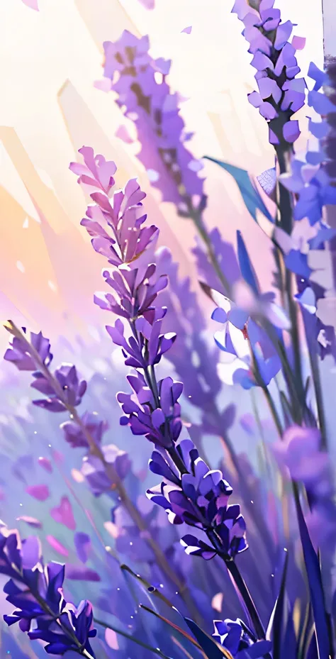 ((Best Quality, 8K, Masterpiece: 1.3)), lavender flowers are in a field with a sunset in the background, lavender flowers, lavender, lavender plants, soft purple glow, lavender blush, lilac sunrays, soft flowers, purple flowers, soft lilac skies, violet co...