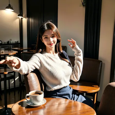 Korean, woman, cafe, pose, picture, Instagram, social media, smartphone, camera, selfie, smile, happy, cute, stylish, trendy, fashionable, makeup, lipstick, eyeshadow, nails, accessories, purse, coffee, latte, cappuccino, tea, cake, pastry, dessert, food, ...