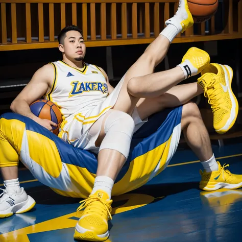 Fat boy wearing basketball shoes，Taking off shoes，The bottom of the socks is yellow，It can be seen that the feet are very smelly