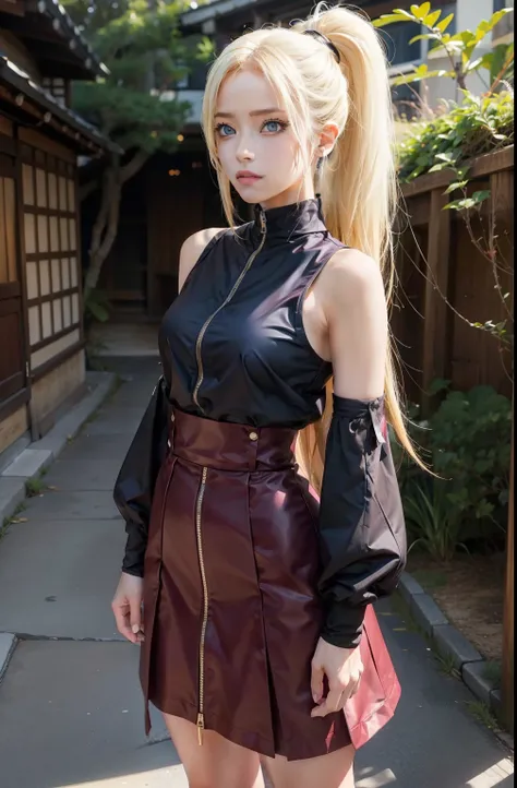 1 chica, yamanaka ino in anime naruto, pelo largo, Cabello amarillo, blue eyes, Hermoso, ropa morada, pecho muy grande, realista clothes, detalle de ropa, fondo al aire libre, ultra detalle, realista