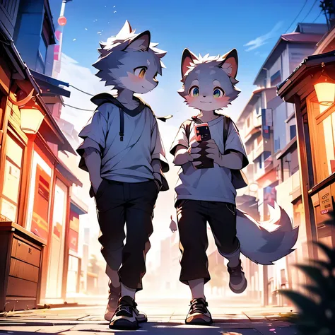 whole body,short gray hair ,alone, 1 person, walk,City of night,long pants,the tail is fluffy, short sleeve，smile, Shota,holds a smart phone in one hand,Candy in the mouth,Grab the tail and look at it with interest, 