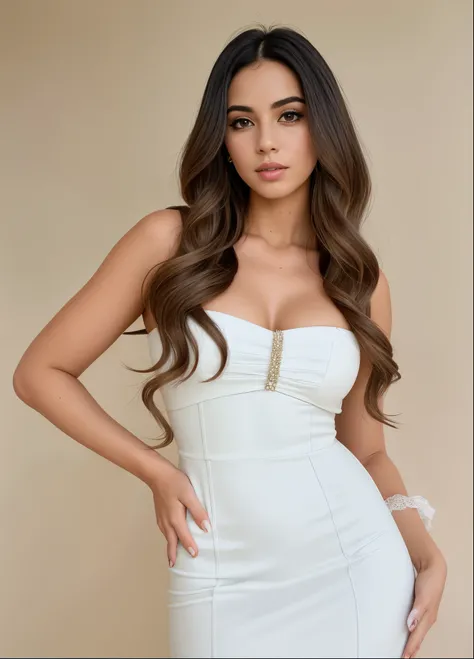 uma mulher de vestido branco posando para uma foto, Cindy Avelino, solo photo shoot, cerveja madison, cabelo moreno longo e ondulado, Blanca Alvarez, cerveja madison girl portrait, retrato de darna moderno, usando um deslumbrante vestido marfim, Com cabelo...