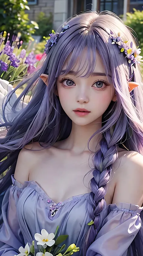 goblin、young woman、Lavender colored dress、Lavender colored hair、Transparency、surrounded by lavender、flower garden、Angel、People in the center、pale light、long hair、ribbon