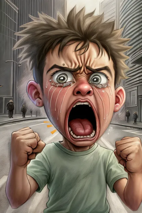 cartoon drawing, standing  on the street and crying loudly, screaming, crying, visible signs of anger and crying, clenched fists, standing at attention, head raised in crying and screaming, realistic photo