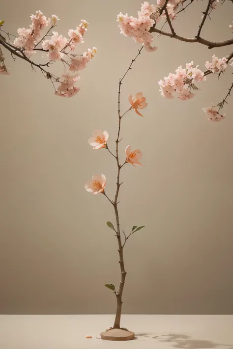 gray background，Peach blossoms blooming on rough branches， Simple background, light orange and light beige style, minimalist images, photographic installation, ancient core, green and crimson, surreal