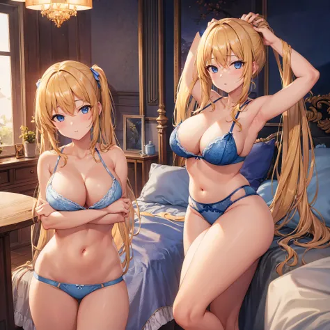 masterpiece、hight resolution、1girl 、Blonde Gal、in ones underwear only、Blue lingerie、poneyTail、large full breasts、bending forward、Poses that emphasize breasts、Nasty body