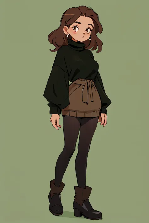 a drawing of a pretty mature woman with black and brown eyes, wearing an oversized green sweater with black tights, regular neutral pose