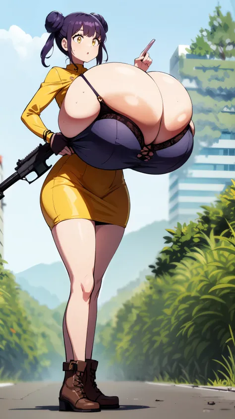 Slime girl, (slime), Slime hair Double buns hair style, Pumpkin Orange, weapon belt, Masterpiece, Best Quality, gigantic breasts, slime girl, slime girl, purple hair, lavender hair, yellow clothes, weapon belt around waistline, rifle, long rifle, AR-15 Rif...