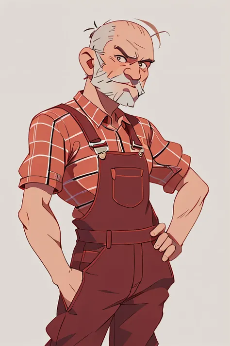 a drawing of a cranky, skinny old man with balding, stubble, wearing red checked shirt and overalls, regular neutral pose
