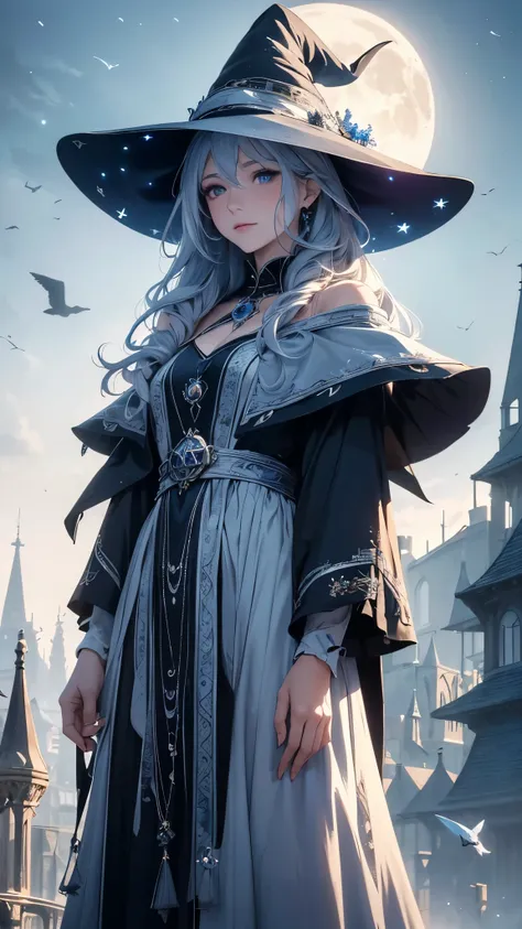 (best quality,4k,8k,highres,masterpiece:1.2),ultra-detailed,witch in a blue sky,wearing a witch hat,long silver hair,standing so...