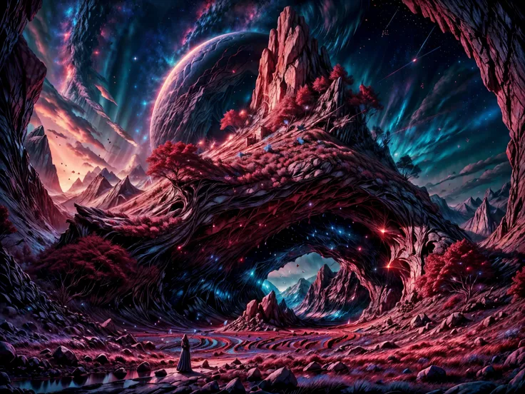 beautiful, landscape, fantasy mountain with cave in it, stars behind, red and blue colors, beautiful styles, vibrant colors, dusk time, high details, high quality, super detail, highres, 16k, 8k, ccurate
