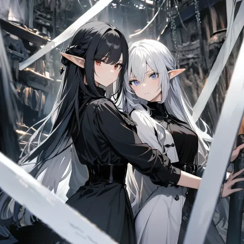 2girl ,black clothes,white clothes, black hair, white hair, dark elf