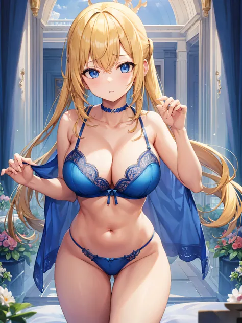 masterpiece、hight resolution、1girl 、Blonde Gal、in ones underwear only、Blue lingerie、poneyTail、large full breasts、bending forward、Poses that emphasize breasts、Nasty body