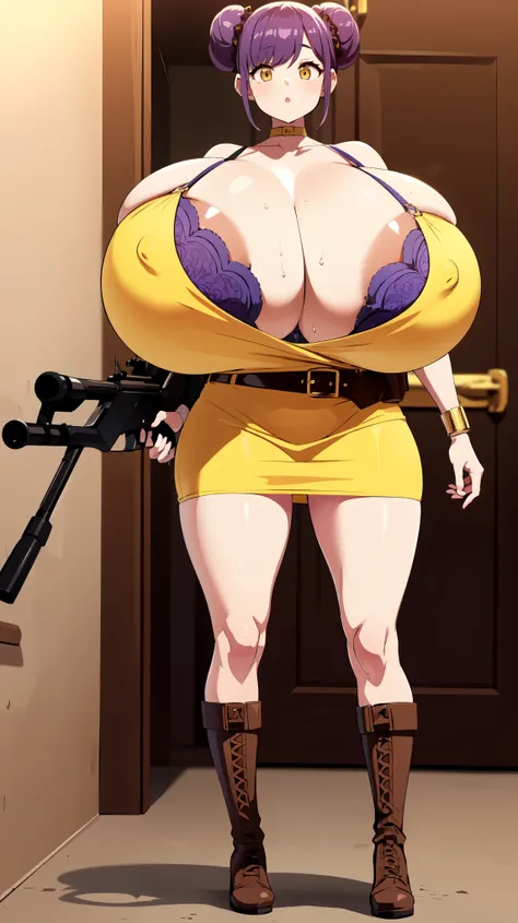 Slime girl, (slime), Slime hair Double buns hair style, Pumpkin Orange, weapon belt, Masterpiece, Best Quality, gigantic breasts, slime girl, slime girl, purple hair, lavender hair, yellow clothes, weapon belt around waistline, rifle, long rifle, AR-15 Rif...