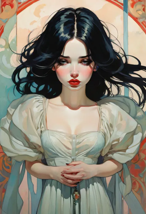 ((Blondehair)),Malcolm Liepke style,mucha, frontage, 1girl, black hair, long hair, lips, closed mouth, emotional painting, pale color pallete 