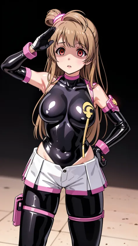 1 girl,NSFW,Kotori Minami,(lovelive),clavicle, absurd, brainwashing,Combatant, empty eyes,((purple glowing eyes 1.5)),  huge breasts , No expression, emotions removed,(black latex tight bodysuit),look away , whole body shape, ((stand up, salute)),(highest ...